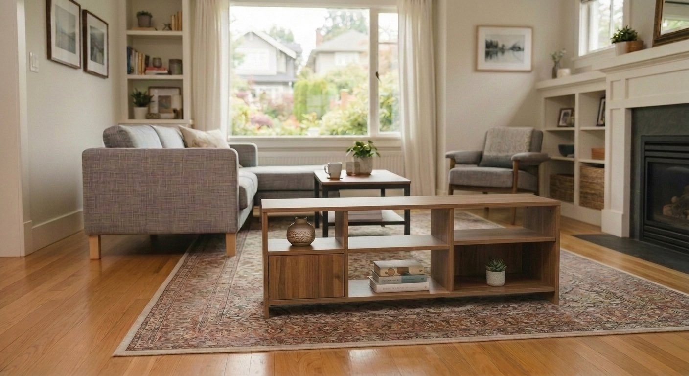 IKEA furniture assembly in Vancouver complete — media console built square and level, styled on the rug