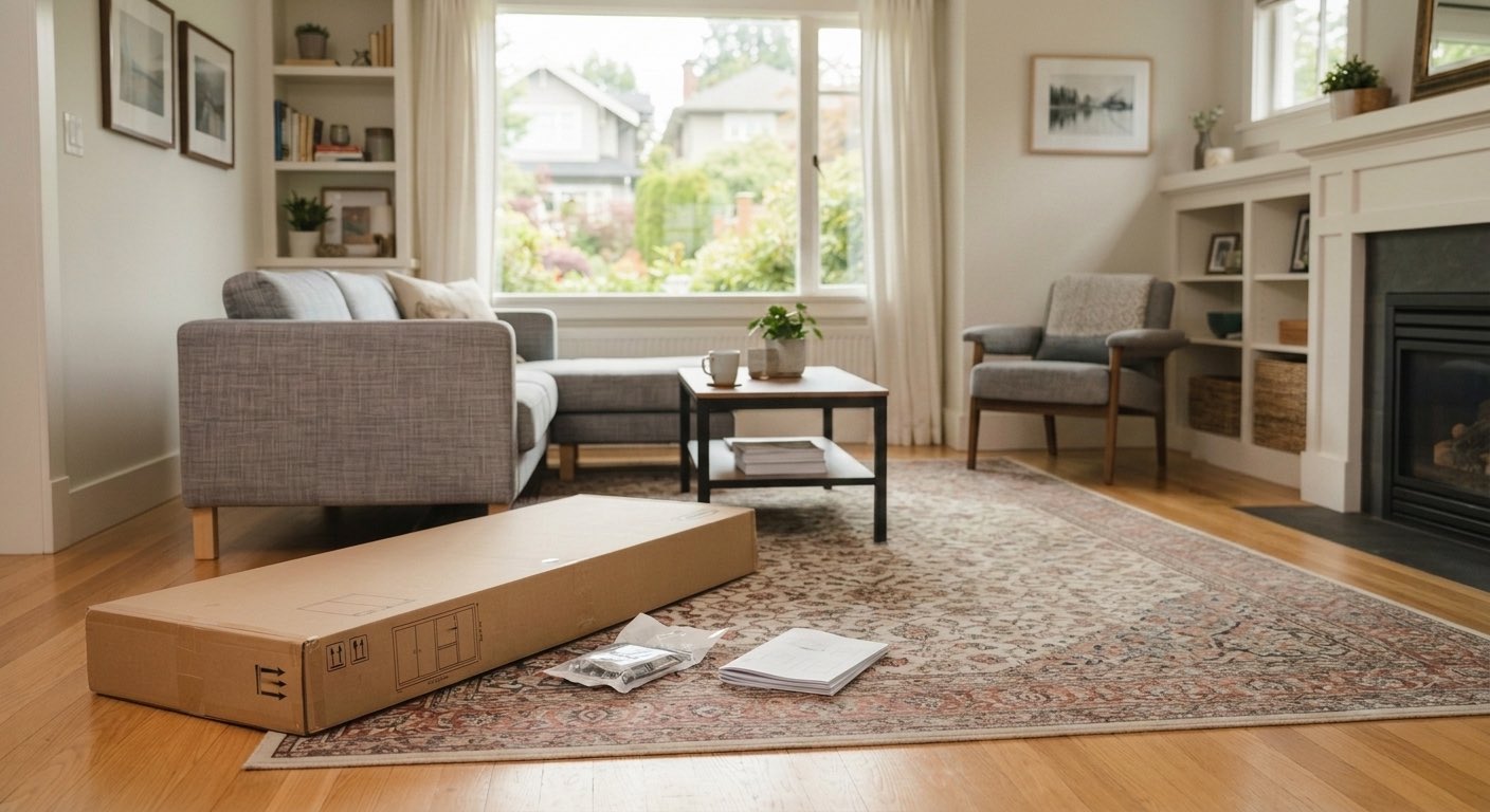 IKEA furniture assembly in Vancouver — flat-pack box, hardware bags, and instructions on the floor