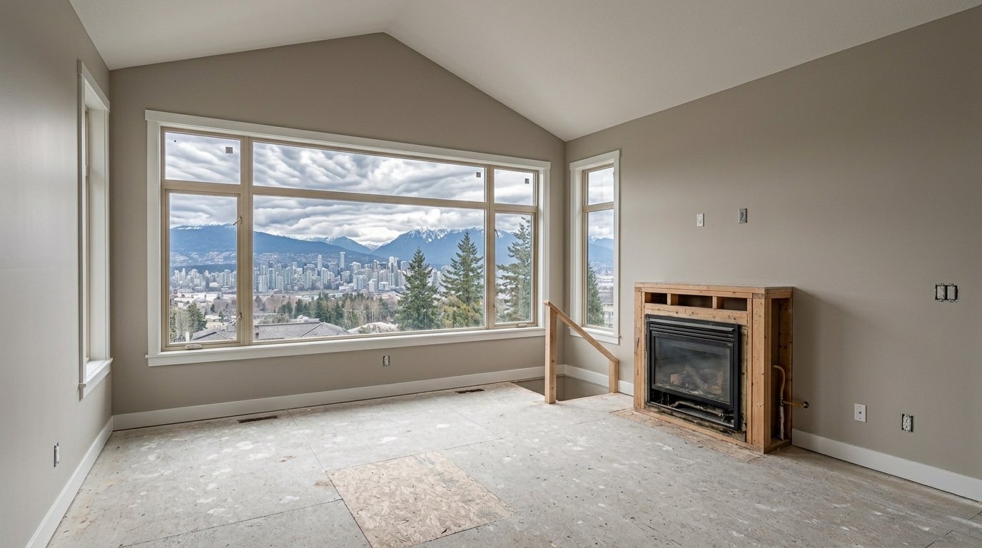 Interior house painting in Vancouver finished — even warm walls and crisp white trim at a vaulted ceiling