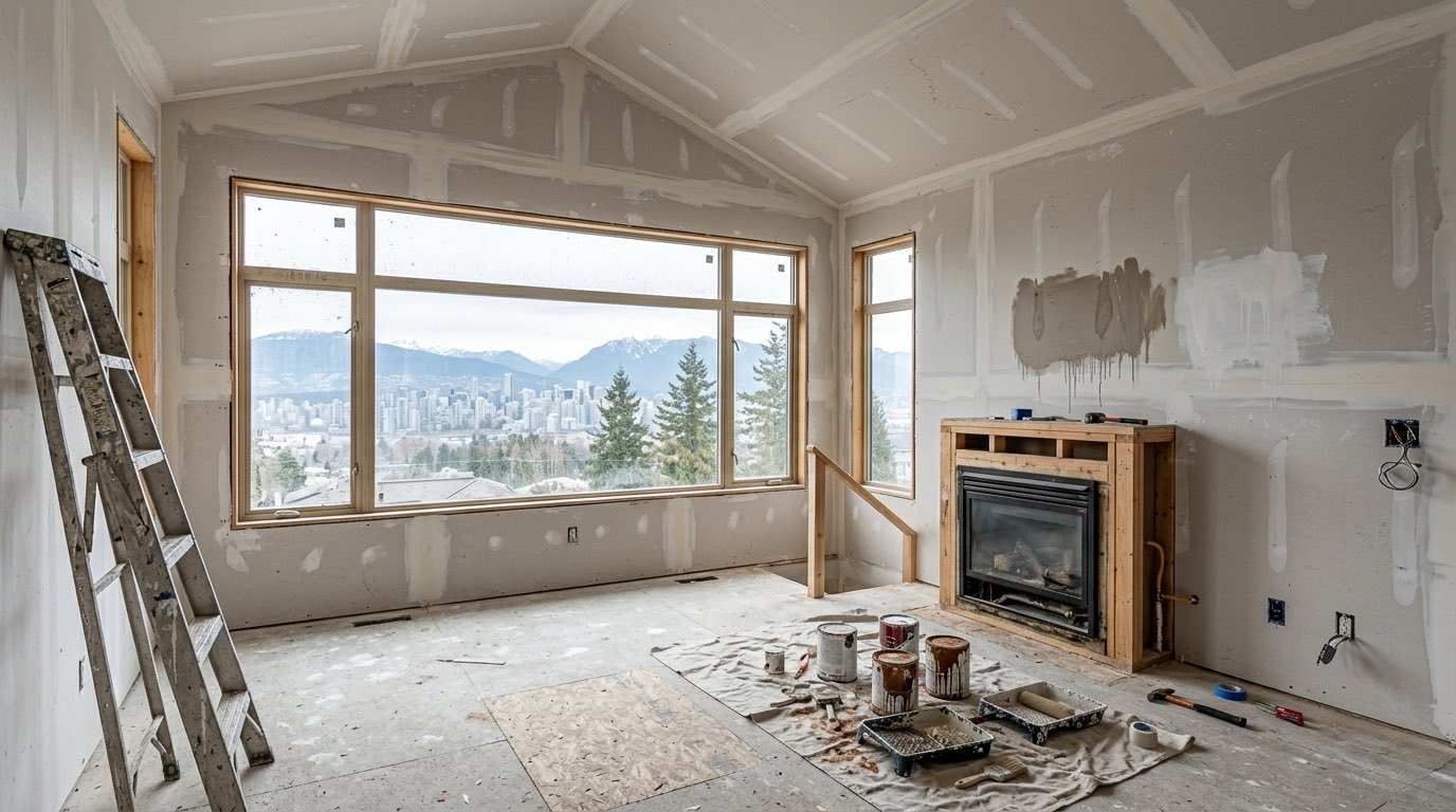Interior house painting in Vancouver — walls taped and mudded, ladder and paint cans on drop cloths