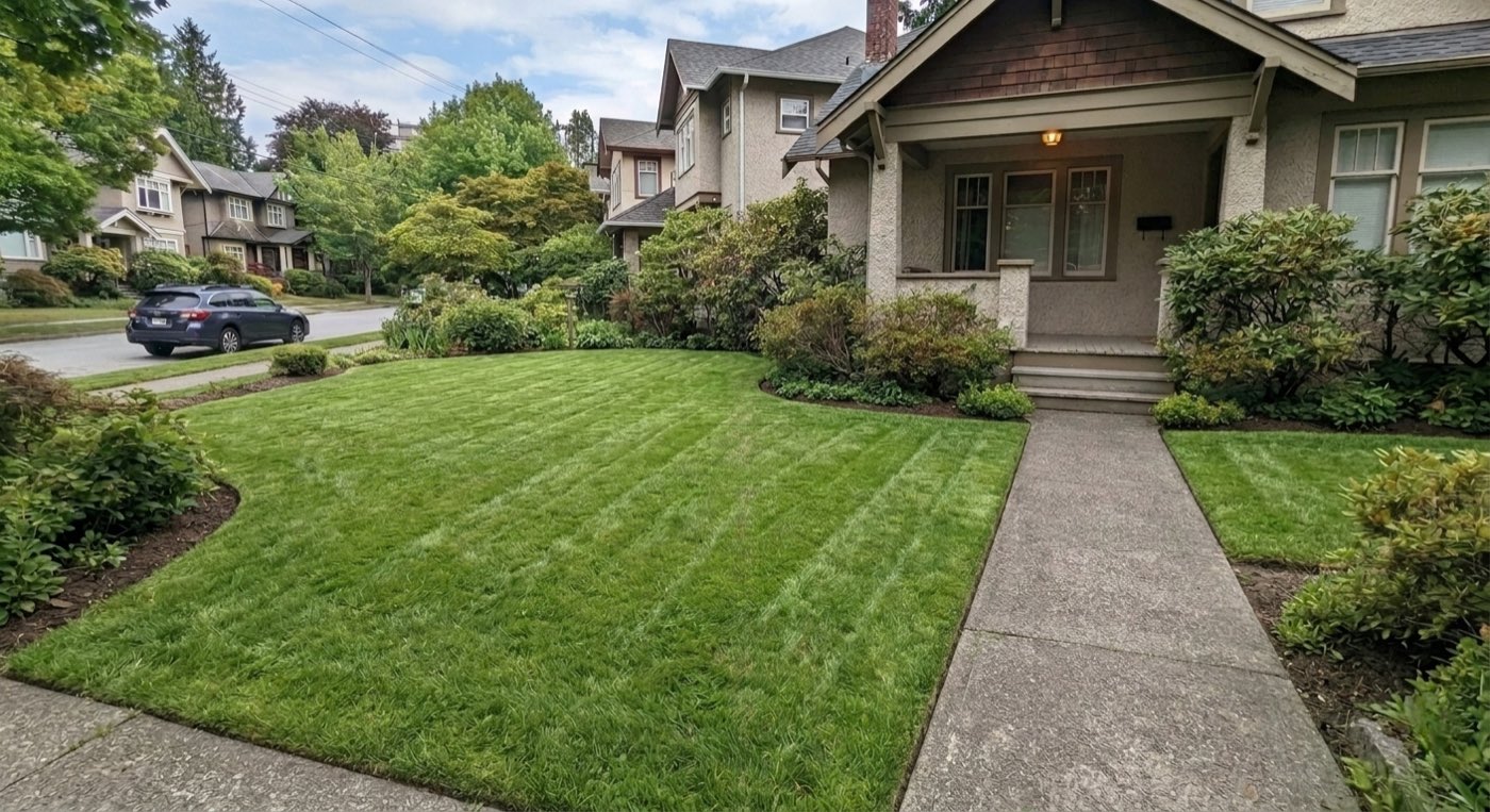 Vancouver front yard after lawn care and yard cleanup — grass cut in clean stripes with trimmed edges
