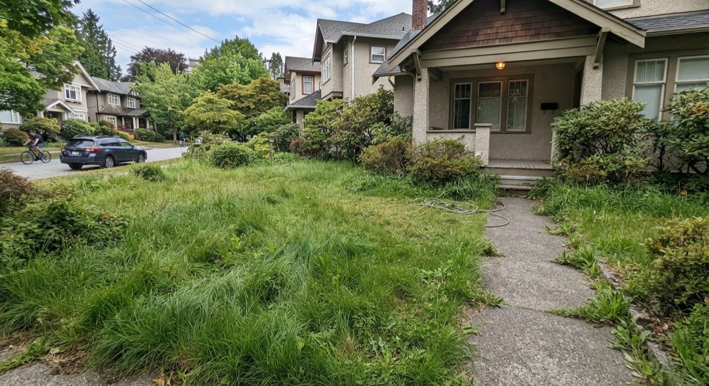 Vancouver front yard before lawn care — overgrown grass and weeds spreading across the walkway